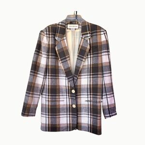 Jones New York Vintage Korea Made Linen Cotton Blend Gray Cream Plaid jacket 8